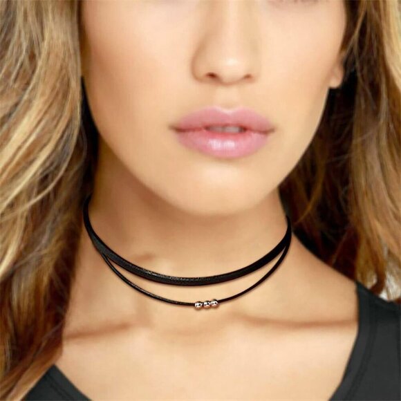 Boho Layered Leather Rope Necklace Choker Black Leather Cord Choker Neck… - Picture 2 of 7